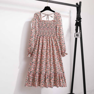 French horn - sleeved floral dress women's long - sleeved chiffon dress design sense niche coffee break skirt - Negative Apparel