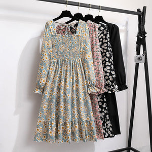 French horn - sleeved floral dress women's long - sleeved chiffon dress design sense niche coffee break skirt - Negative Apparel