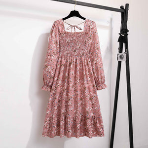 French horn - sleeved floral dress women's long - sleeved chiffon dress design sense niche coffee break skirt - Negative Apparel