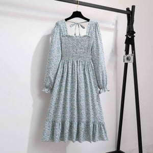 French horn - sleeved floral dress women's long - sleeved chiffon dress design sense niche coffee break skirt - Negative Apparel