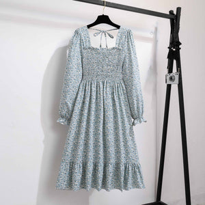 French horn - sleeved floral dress women's long - sleeved chiffon dress design sense niche coffee break skirt - Negative Apparel