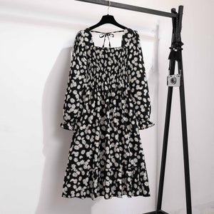 French horn - sleeved floral dress women's long - sleeved chiffon dress design sense niche coffee break skirt - Negative Apparel