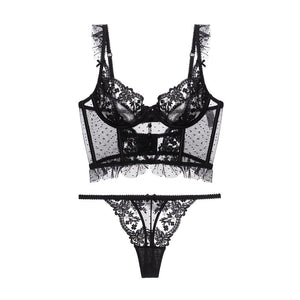 French lace fishbone suspender bra with steel ring, large chest showing small, ultra - thin embroidery, and sexy bra suit for women - Negative Apparel