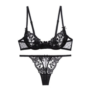 French lace fishbone suspender bra with steel ring, large chest showing small, ultra - thin embroidery, and sexy bra suit for women - Negative Apparel