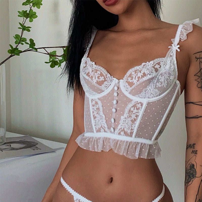 French lace fishbone suspender bra with steel ring, large chest showing small, ultra - thin embroidery, and sexy bra suit for women - Negative Apparel
