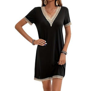 French lace V - neck foreign trade dress short - sleeved knitted A - shaped dress - Negative Apparel