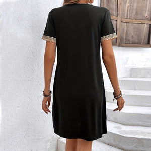 French lace V - neck foreign trade dress short - sleeved knitted A - shaped dress - Negative Apparel