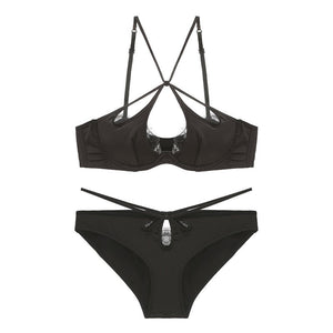 French lingerie glossy hollow eyelash lace thin soft steel ring cross strap push - up bra set - Negative Apparel