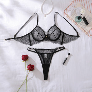 French perspective eyelash lace steel ring gathers to shape thin sexy underwear split set - Negative Apparel