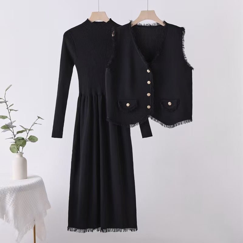 French tassel small fragrant style vest jacket dress two - piece set - Negative Apparel