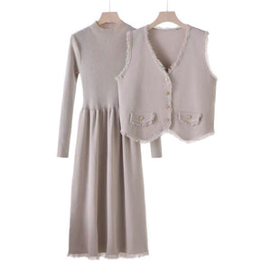 French tassel small fragrant style vest jacket dress two - piece set - Negative Apparel