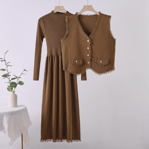 French tassel small fragrant style vest jacket dress two - piece set - Negative Apparel