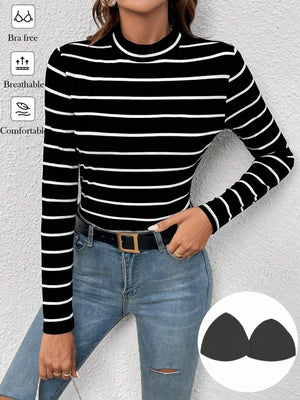 Frenchy Striped Mock Neck Tee,Commute,Minimalist,Office,Old Money,Simple - Negative Apparel