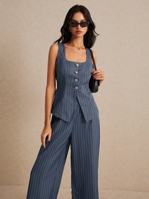 Frenchy Summer Linen Color Linen Suit Vest Two - Piece Set Ladies Fashionable Plain Button Contrast Color Sleeveless Top And Trousers Set Wear Comfortable Fabric Breathable Soft Suitable For Commuting Daily Holiday Wear - Negative Apparel