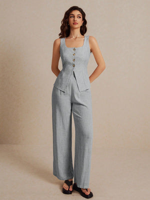 Frenchy Summer Linen Color Linen Suit Vest Two - Piece Set Ladies Fashionable Plain Button Contrast Color Sleeveless Top And Trousers Set Wear Comfortable Fabric Breathable Soft Suitable For Commuting Daily Holiday Wear - Negative Apparel