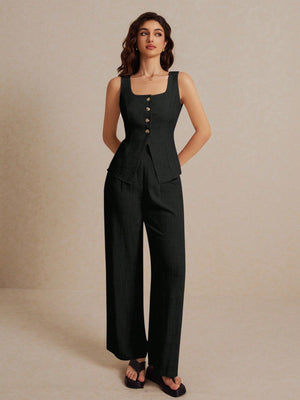 Frenchy Summer Linen Color Linen Suit Vest Two - Piece Set Ladies Fashionable Plain Button Contrast Color Sleeveless Top And Trousers Set Wear Comfortable Fabric Breathable Soft Suitable For Commuting Daily Holiday Wear - Negative Apparel