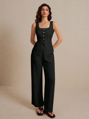 Frenchy Summer Linen Color Linen Suit Vest Two - Piece Set Ladies Fashionable Plain Button Contrast Color Sleeveless Top And Trousers Set Wear Comfortable Fabric Breathable Soft Suitable For Commuting Daily Holiday Wear - Negative Apparel