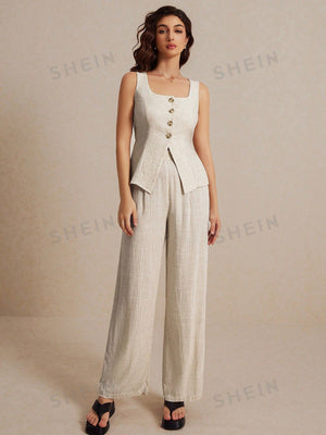 Frenchy Summer Linen Color Linen Suit Vest Two - Piece Set Ladies Fashionable Plain Button Contrast Color Sleeveless Top And Trousers Set Wear Comfortable Fabric Breathable Soft Suitable For Commuting Daily Holiday Wear - Negative Apparel