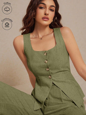 Frenchy Summer Linen Color Linen Suit Vest Two - Piece Set Ladies Fashionable Plain Button Contrast Color Sleeveless Top And Trousers Set Wear Comfortable Fabric Breathable Soft Suitable For Commuting Daily Holiday Wear - Negative Apparel