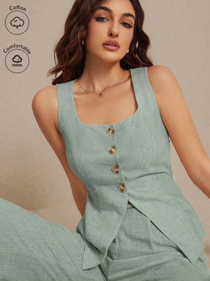 Frenchy Summer Linen Color Linen Suit Vest Two - Piece Set Ladies Fashionable Plain Button Contrast Color Sleeveless Top And Trousers Set Wear Comfortable Fabric Breathable Soft Suitable For Commuting Daily Holiday Wear - Negative Apparel