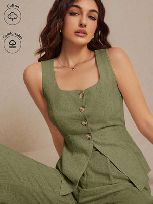 Frenchy Summer Linen Color Linen Suit Vest Two - Piece Set Ladies Fashionable Plain Button Contrast Color Sleeveless Top And Trousers Set Wear Comfortable Fabric Breathable Soft Suitable For Commuting Daily Holiday Wear - Negative Apparel