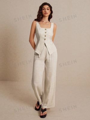 Frenchy Summer Linen Color Linen Suit Vest Two - Piece Set Ladies Fashionable Plain Button Contrast Color Sleeveless Top And Trousers Set Wear Comfortable Fabric Breathable Soft Suitable For Commuting Daily Holiday Wear - Negative Apparel