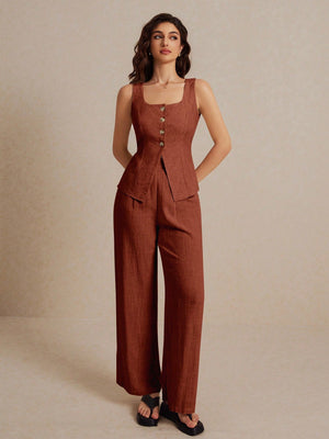 Frenchy Summer Linen Color Linen Suit Vest Two - Piece Set Ladies Fashionable Plain Button Contrast Color Sleeveless Top And Trousers Set Wear Comfortable Fabric Breathable Soft Suitable For Commuting Daily Holiday Wear - Negative Apparel