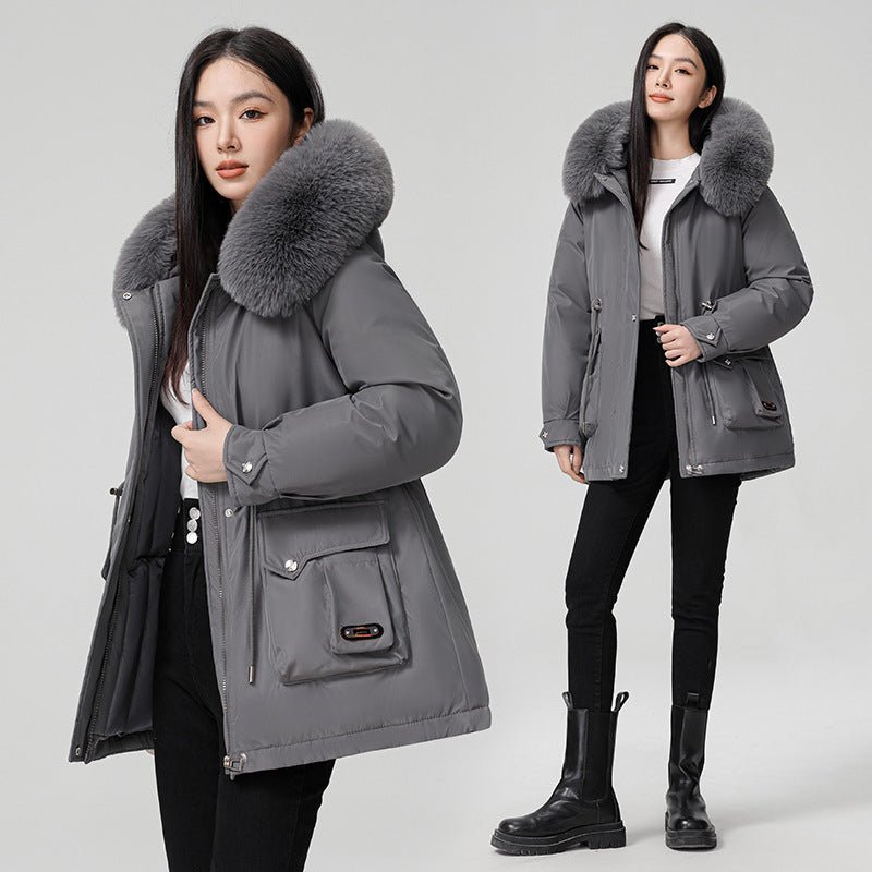 Women's Jacket Three-color Stitching Contrast outlet Thickening Loose Big Fur Collar Ho