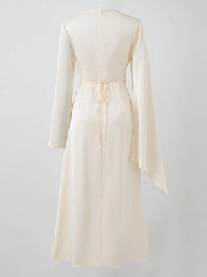 GlowEve Women's Elegant Long Sleeve Asymmetrical Dress with Metallic Pleats, Apricot Color, Suitable for Autumn and Winter - Negative Apparel