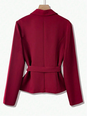 GlowEve Women's Elegant Solid Color Versatile Turndown Collar Cinched Waist Long Sleeve Regular Jacket, Autumn - Negative Apparel