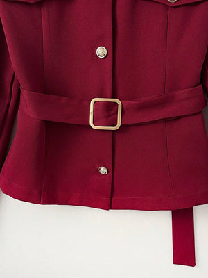 GlowEve Women's Elegant Solid Color Versatile Turndown Collar Cinched Waist Long Sleeve Regular Jacket, Autumn - Negative Apparel