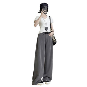 Gray heavy industry suit pants spring and summer women's clothing 2025 new thin high - end straight - leg pants high - waisted American wide - leg pants - Negative Apparel