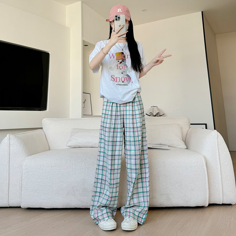 Green plaid pants women's pants casual versatile spring and summer new straight - leg pants Korean retro loose mopping wide - leg pants - Negative Apparel