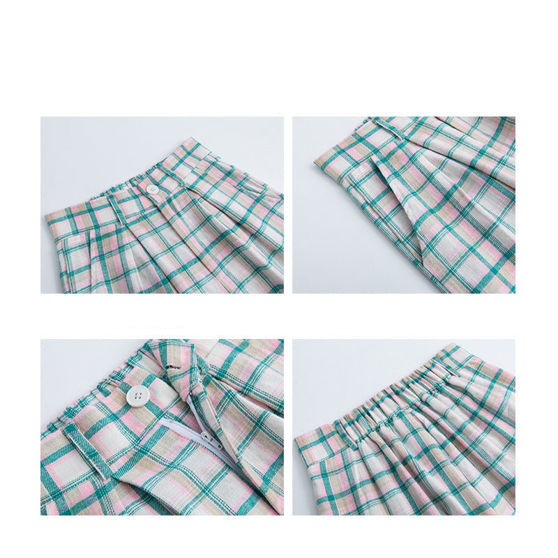 Green plaid pants women's pants casual versatile spring and summer new straight - leg pants Korean retro loose mopping wide - leg pants - Negative Apparel