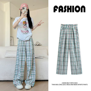 Green plaid pants women's pants casual versatile spring and summer new straight - leg pants Korean retro loose mopping wide - leg pants - Negative Apparel