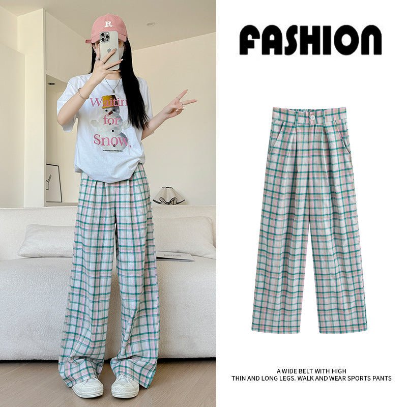 Green plaid pants women's pants casual versatile spring and summer new straight - leg pants Korean retro loose mopping wide - leg pants - Negative Apparel