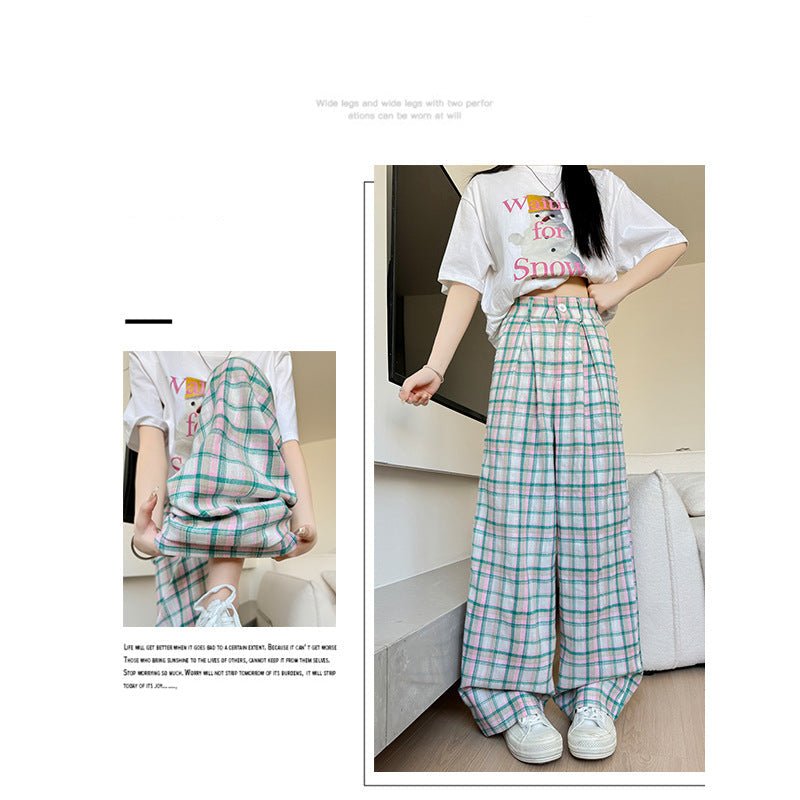 Green plaid pants women's pants casual versatile spring and summer new straight - leg pants Korean retro loose mopping wide - leg pants - Negative Apparel