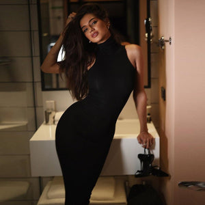 Half - high collar sleeveless solid color slim waist slim long dress - Negative Apparel