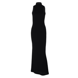 Half - high collar sleeveless solid color slim waist slim long dress - Negative Apparel