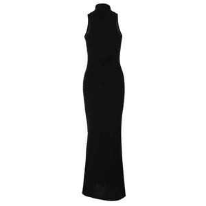 Half - high collar sleeveless solid color slim waist slim long dress - Negative Apparel
