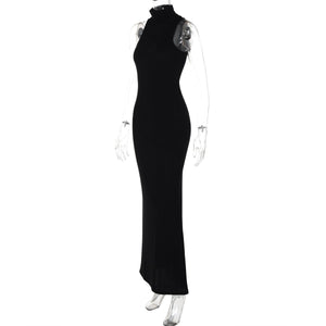 Half - high collar sleeveless solid color slim waist slim long dress - Negative Apparel