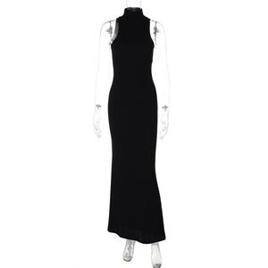 Half - high collar sleeveless solid color slim waist slim long dress - Negative Apparel