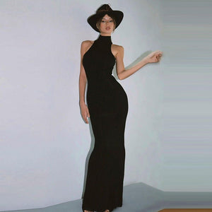 Half - high collar sleeveless solid color slim waist slim long dress - Negative Apparel