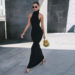 Half - high collar sleeveless solid color slim waist slim long dress - Negative Apparel