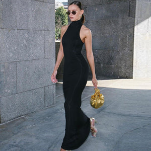 Half - high collar sleeveless solid color slim waist slim long dress - Negative Apparel
