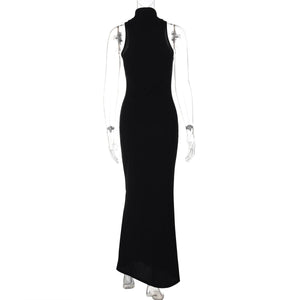 Half - high collar sleeveless solid color slim waist slim long dress - Negative Apparel