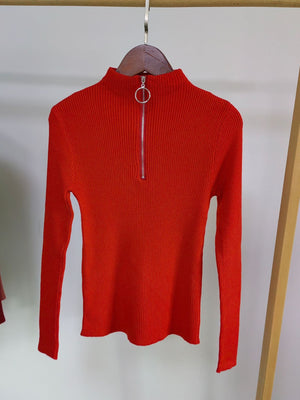 Half turtleneck ring zipper slim fit long sleeves knitted sweater top - Negative Apparel