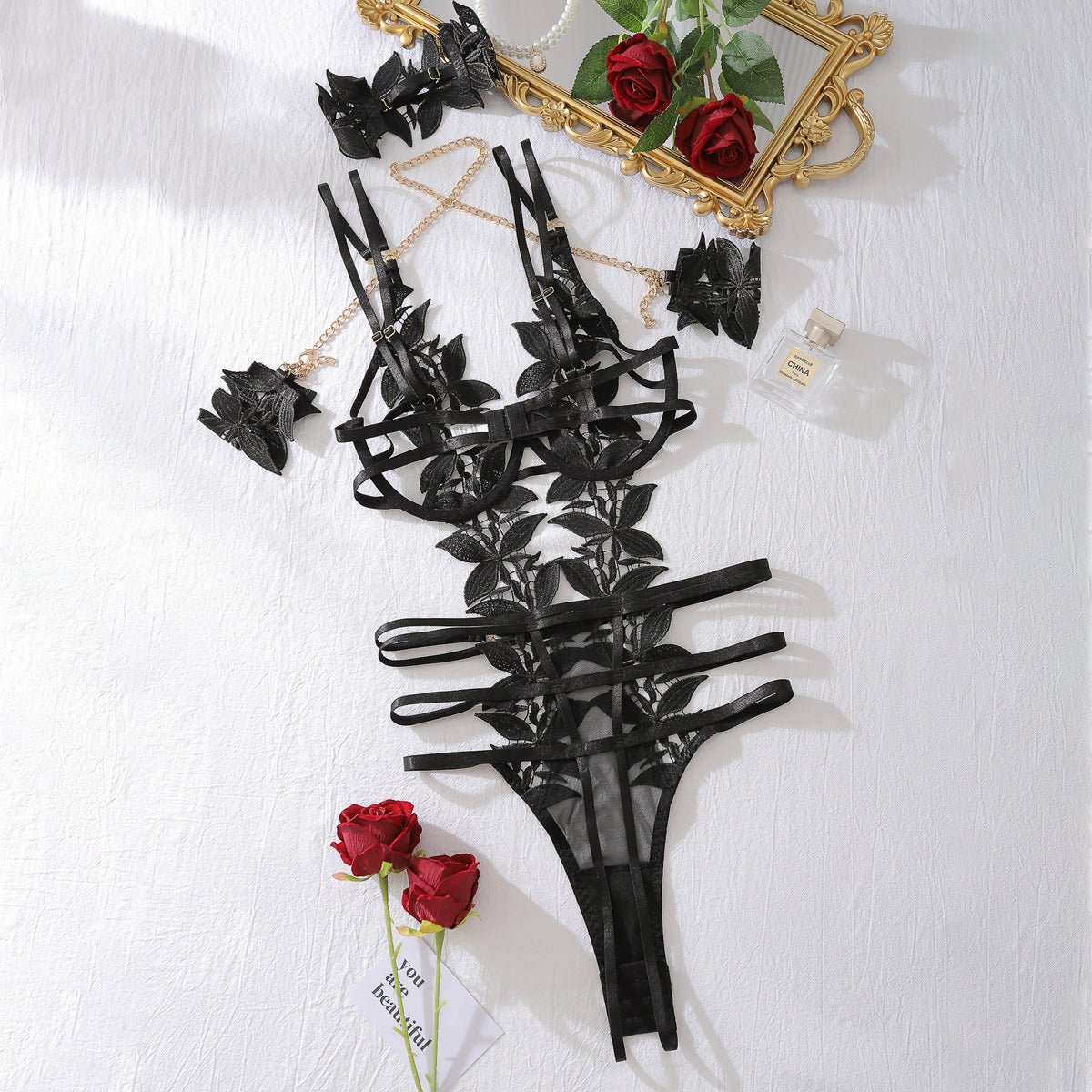 Heavy craftsmanship chain bracelet decorative flower embroidery hollow one - piece body sculpting sexy suit - Negative Apparel