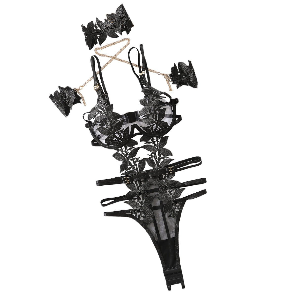 Heavy craftsmanship chain bracelet decorative flower embroidery hollow one - piece body sculpting sexy suit - Negative Apparel
