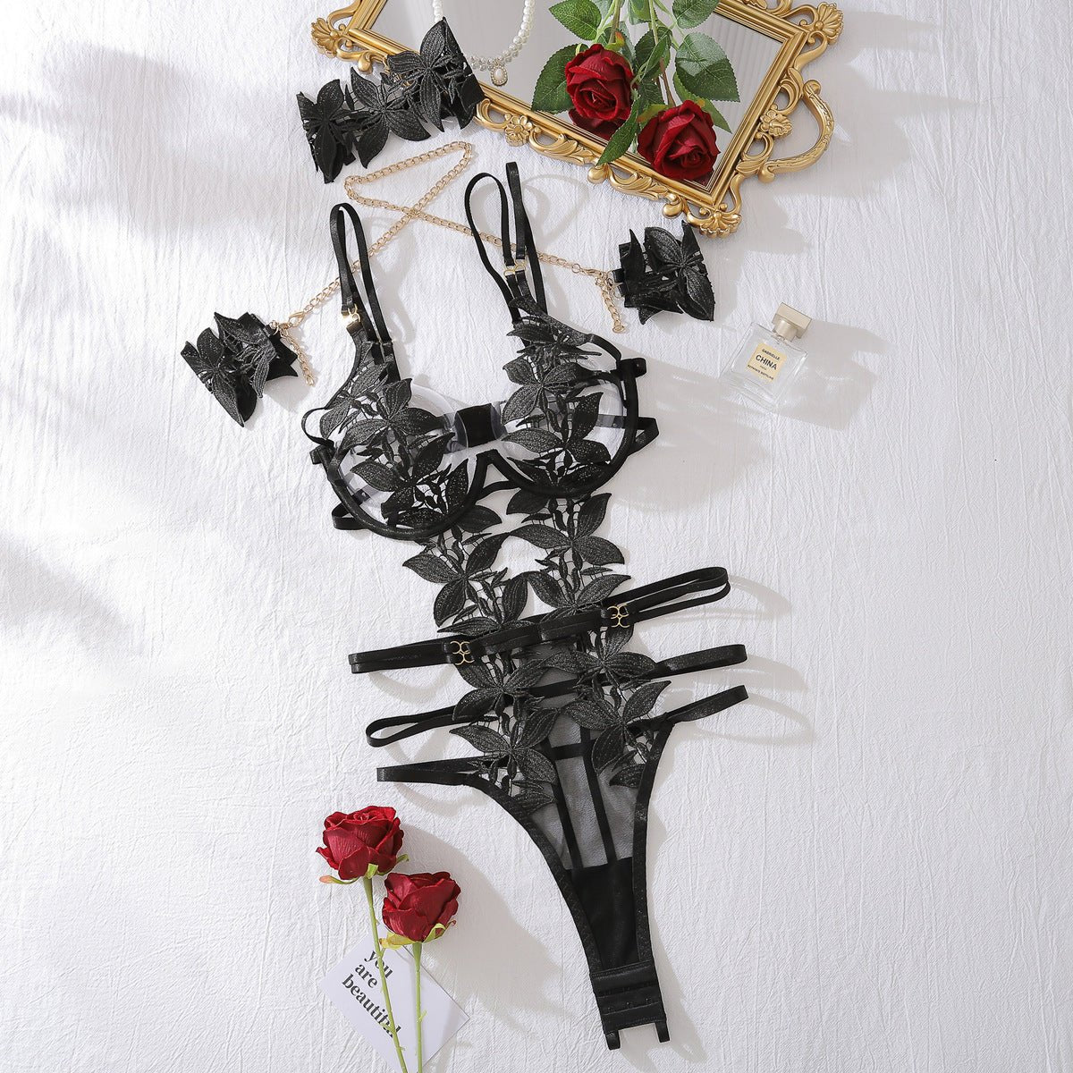 Heavy craftsmanship chain bracelet decorative flower embroidery hollow one - piece body sculpting sexy suit - Negative Apparel